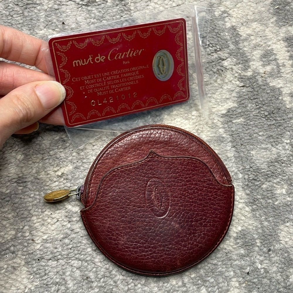 Rare Cartier Circle Round Zip Coin Pouch Mini Burgundy Leather